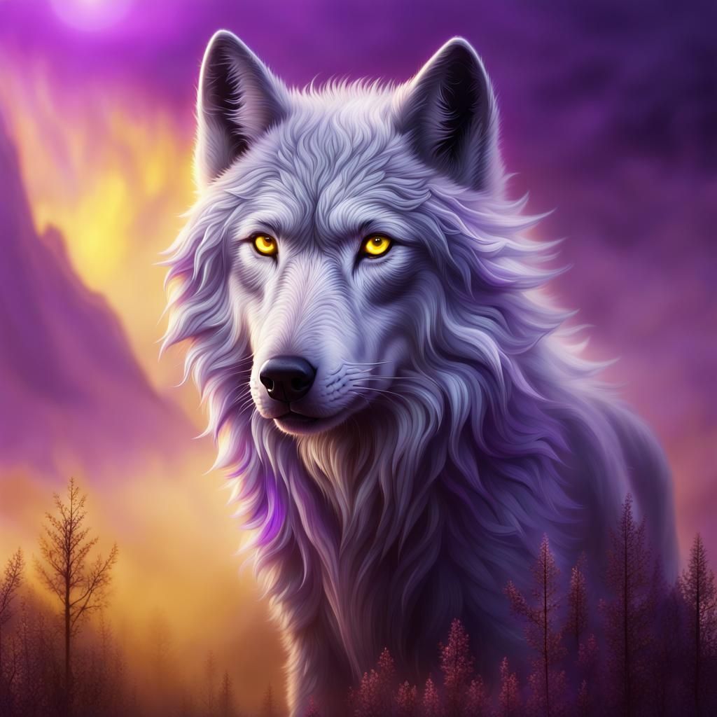 Mystical Silver Wolf in Purple Fog