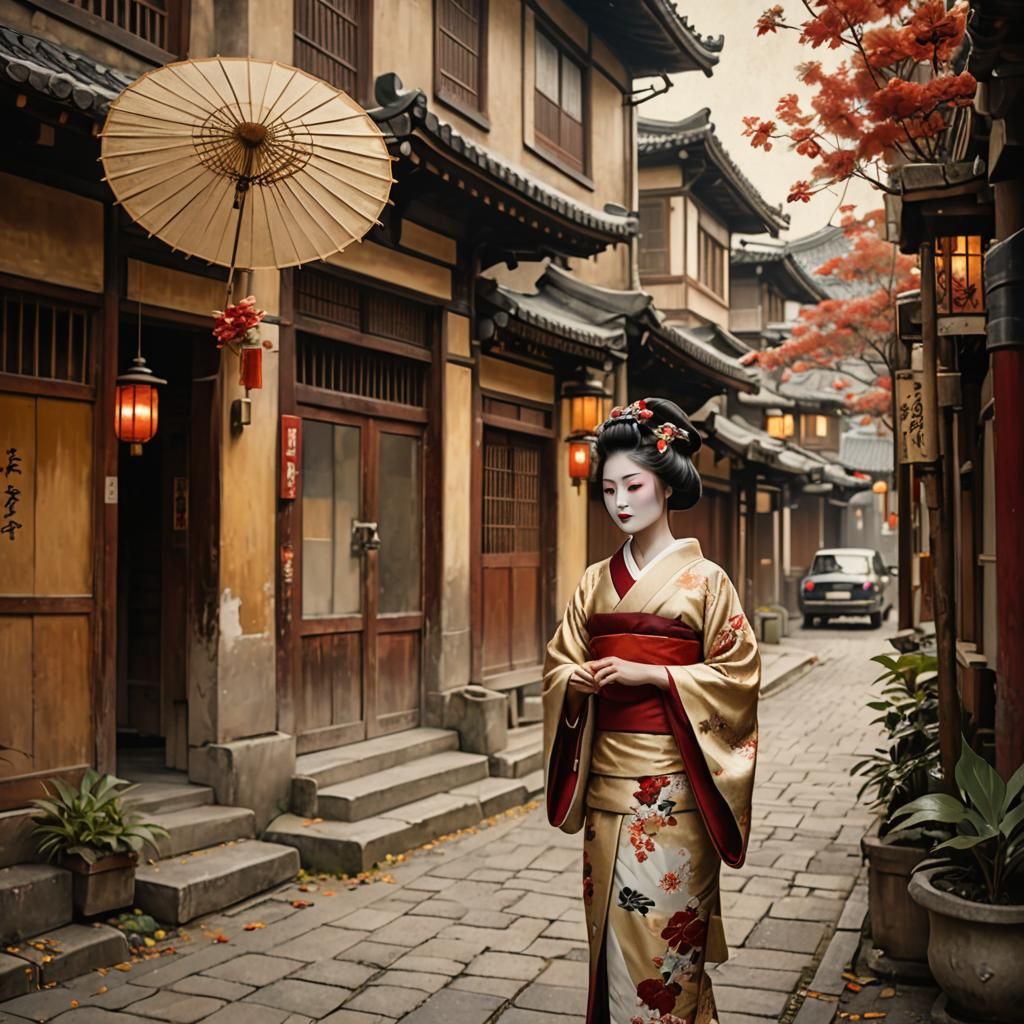 Geisha with Parasol in Retro Realistic Street