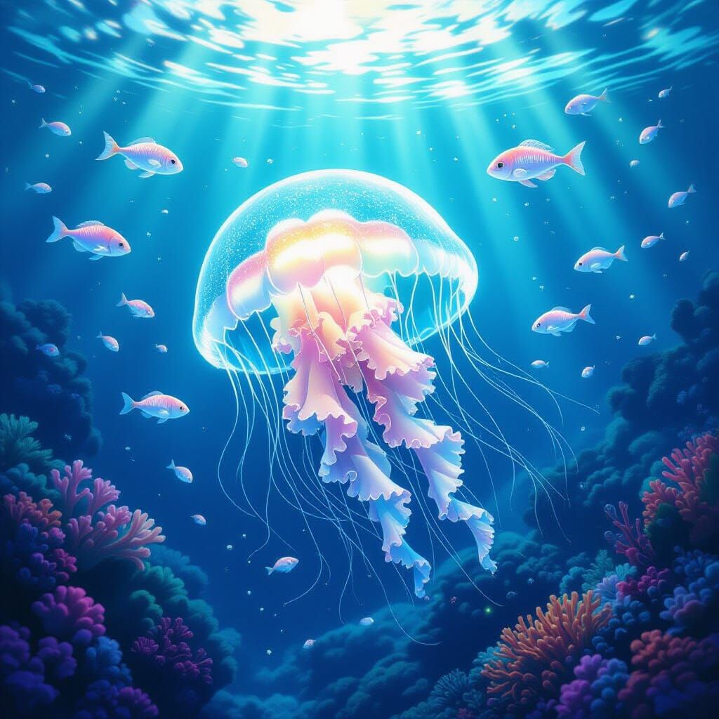 Bioluminescent Jellyfish Drifting Through Alien Coral Reef