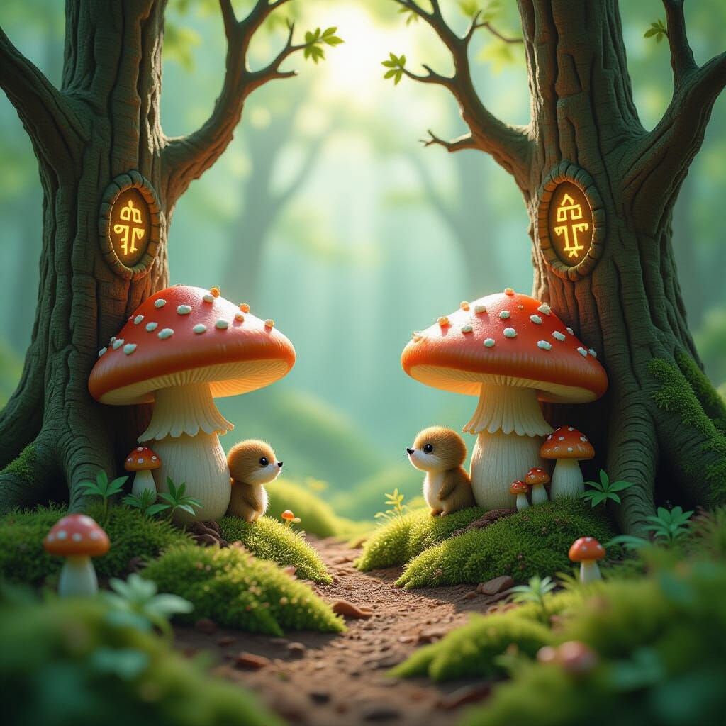 Whimsical Forest Clearing with Magical Creatures