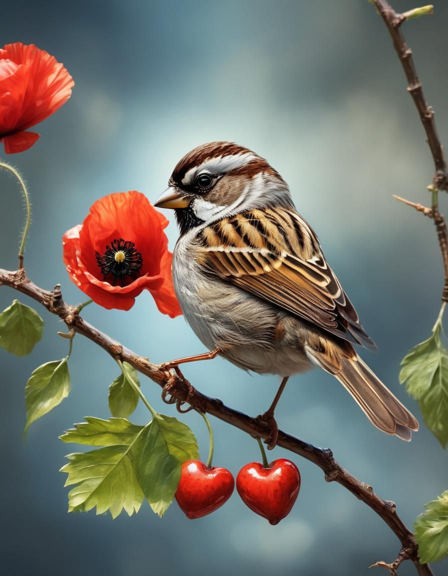 Sparrow with Heart Cherry: Fantasy Realism in UltraHDR