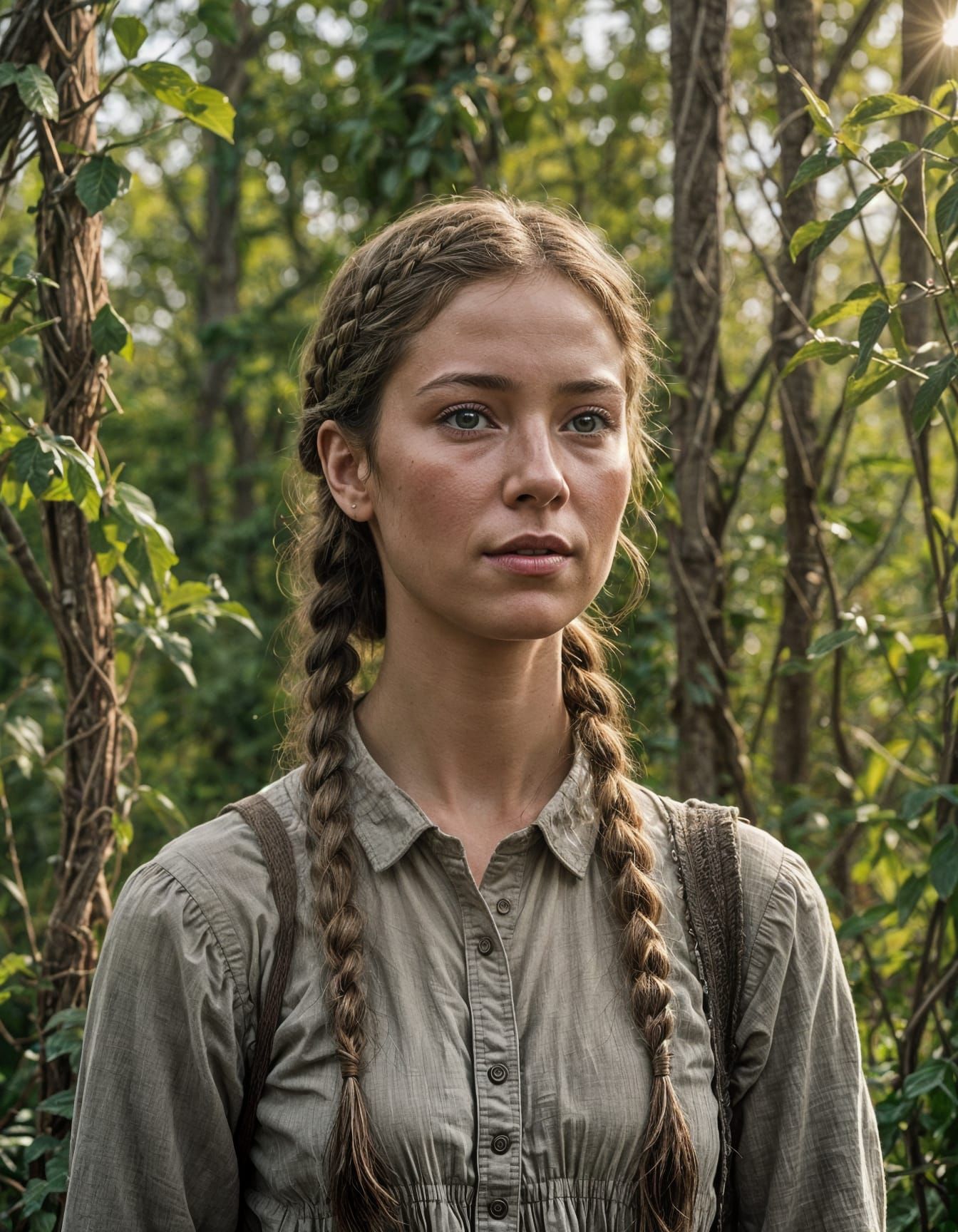 Photorealistic Portrait: Young Farm Girl with Brown Braid
