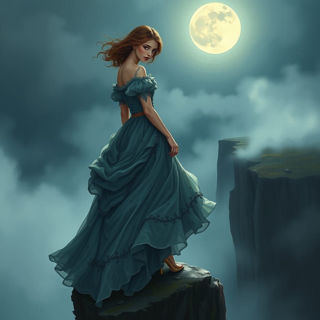 Woman on Moonlit Cliff in Dreamy Digital Art