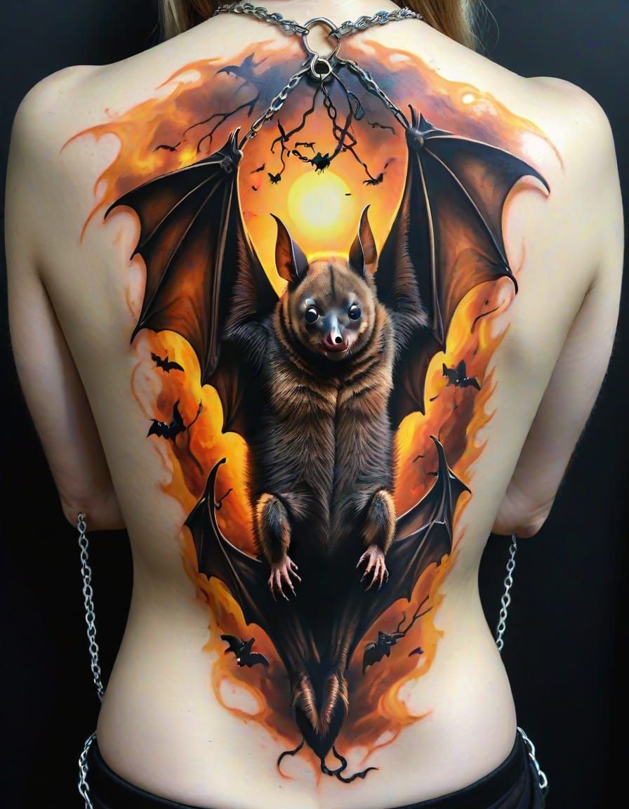 Realistic Fruit Bat Tattoo: Hellfire Backlit
