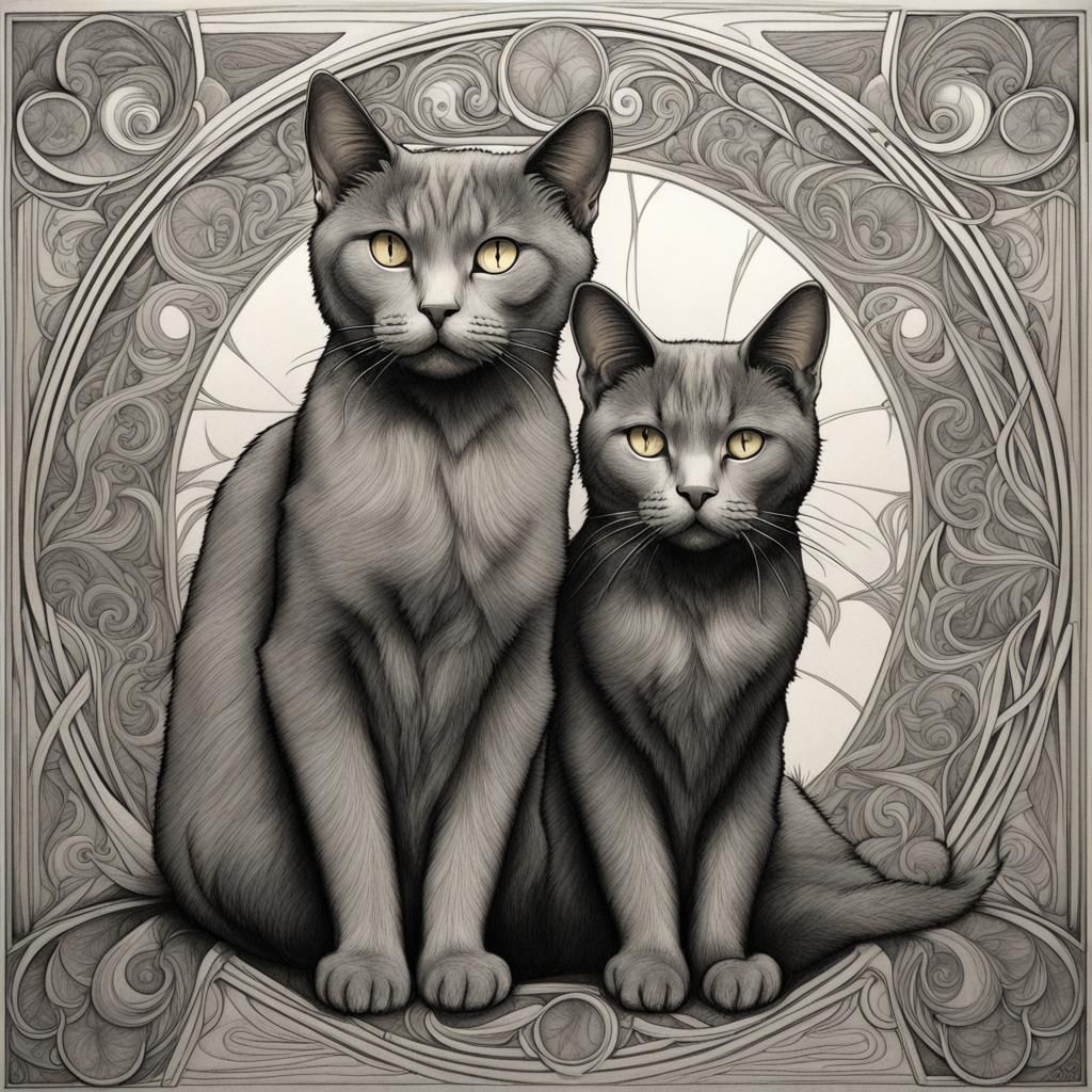 Art Nouveau Chartreux Cats in Fantasy World