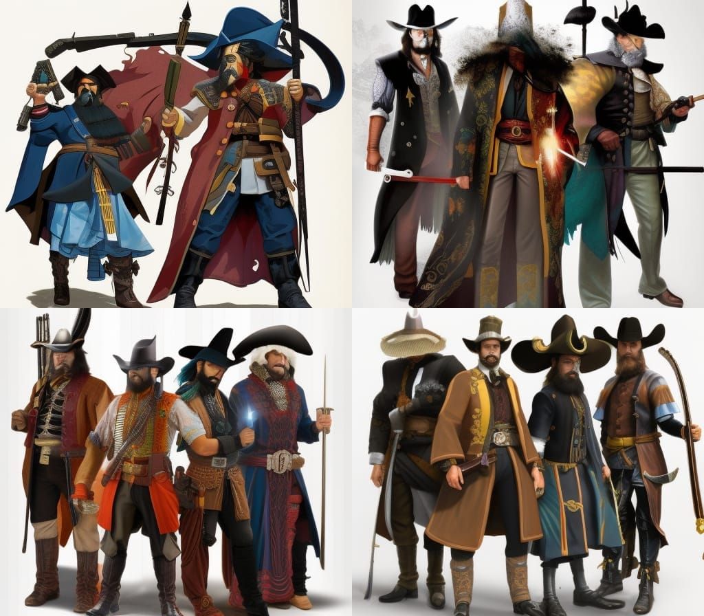 Victorian, Cowboy, Samurai, and Pirate Pencil Sketch