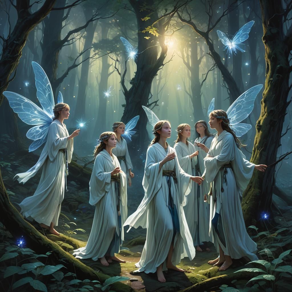 Ethereal Fairies in Ancient Forest: Digital Painting