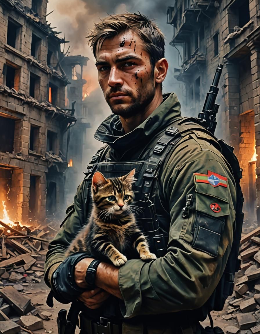 Soldier with Kitten in War-Torn Cityscape