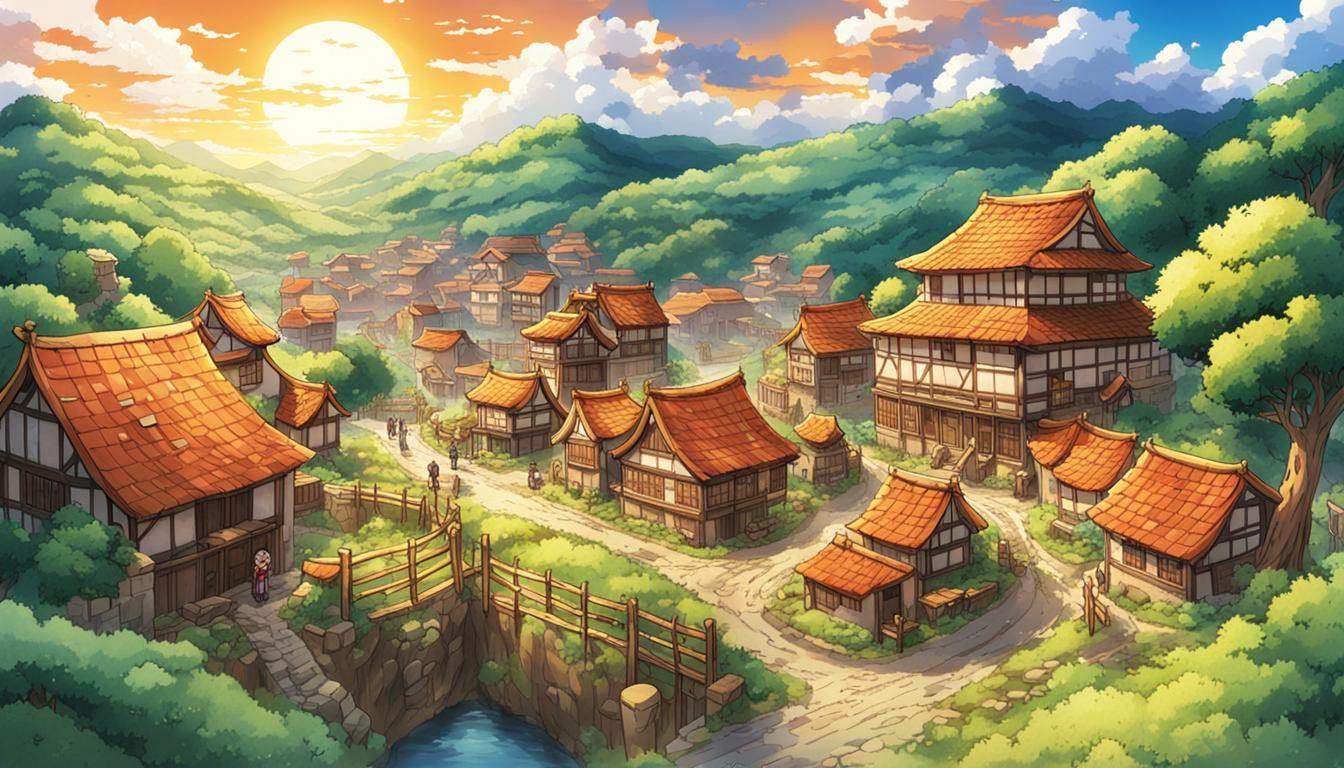 Vibrant Shonen Manga Village at Sunset