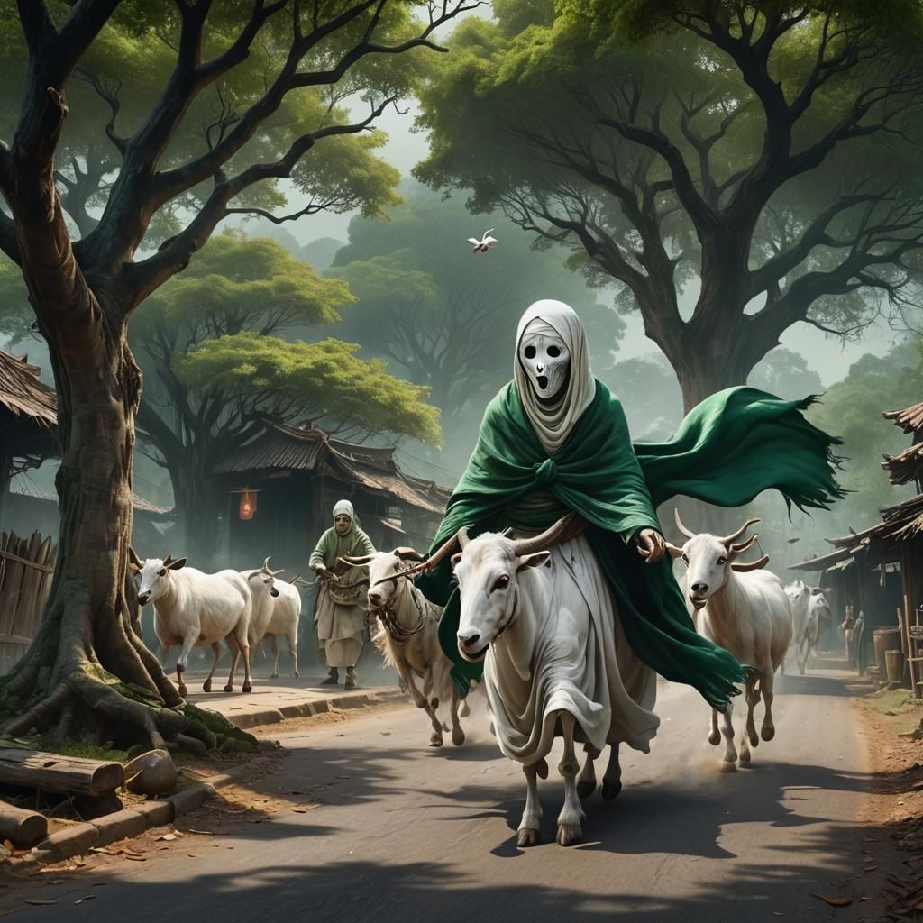 Pocong Ghost Rides Goat in Detailed Matte Painting