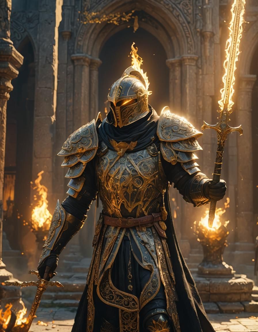 Majestic Armored Warrior with Glowing Sword
