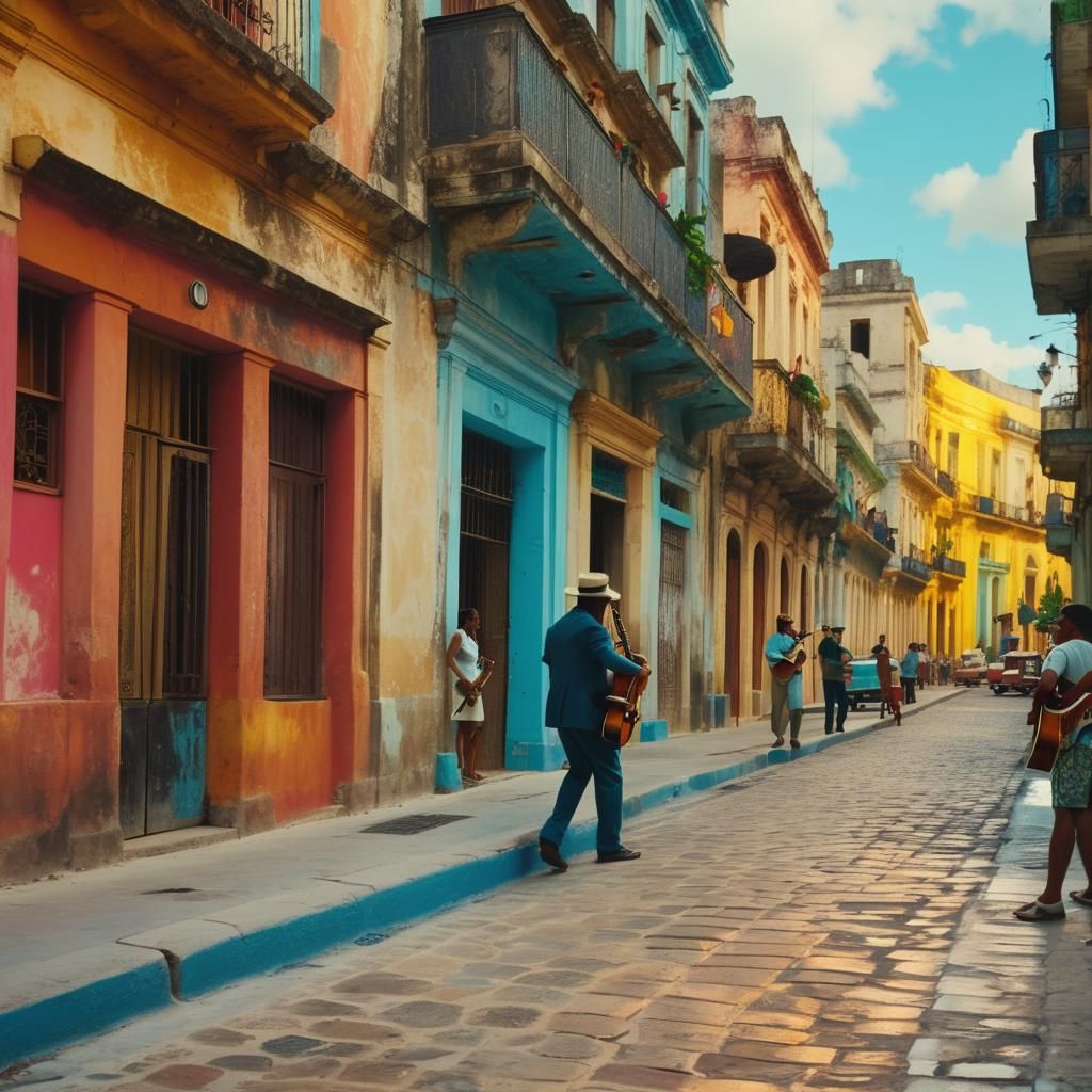 Musicians in Havana Street: Cinematic Film Still