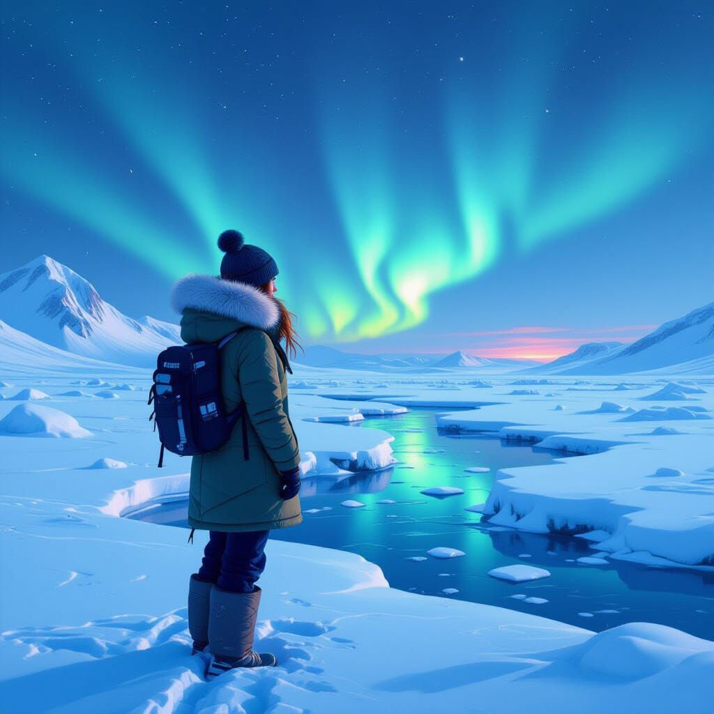 Aurora Watcher on Frozen Tundra, Digital Painting