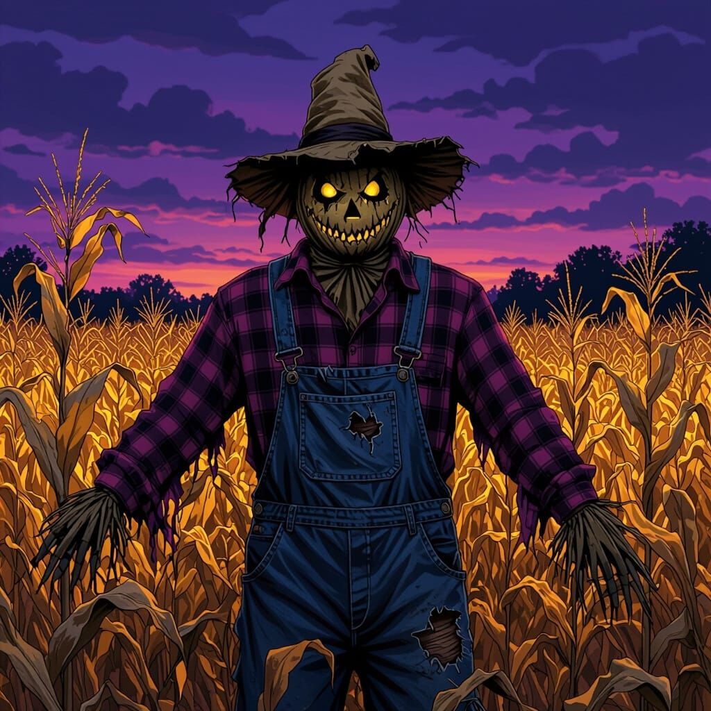 Creepy Scarecrow in Autumn Cornfield, Gothic Illustration