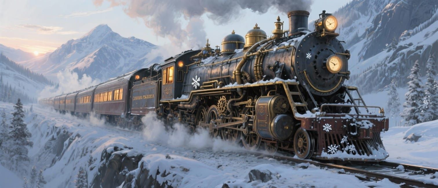 Steampunk Train in Snowy Rockies, Canadian Pacific