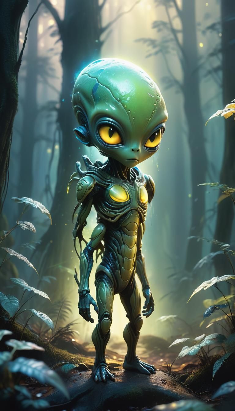 Chibi Alien Lost in Misty Forest: Concept Art