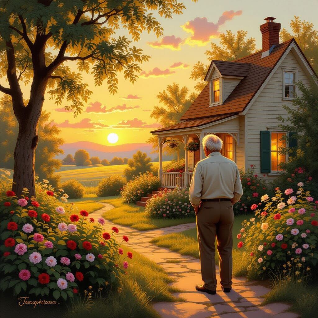 Nostalgic Sunset Countryside Home with Elderly Man