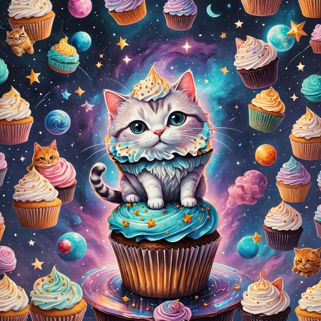 Astral Cat Rides Cupcake: Holographic Cosmic Illustration
