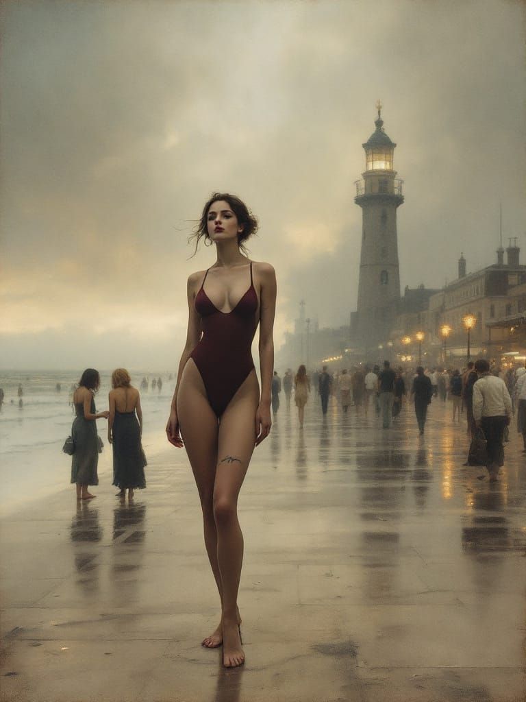Pin-Up Woman on Boardwalk in Ethereal Twilight Glow