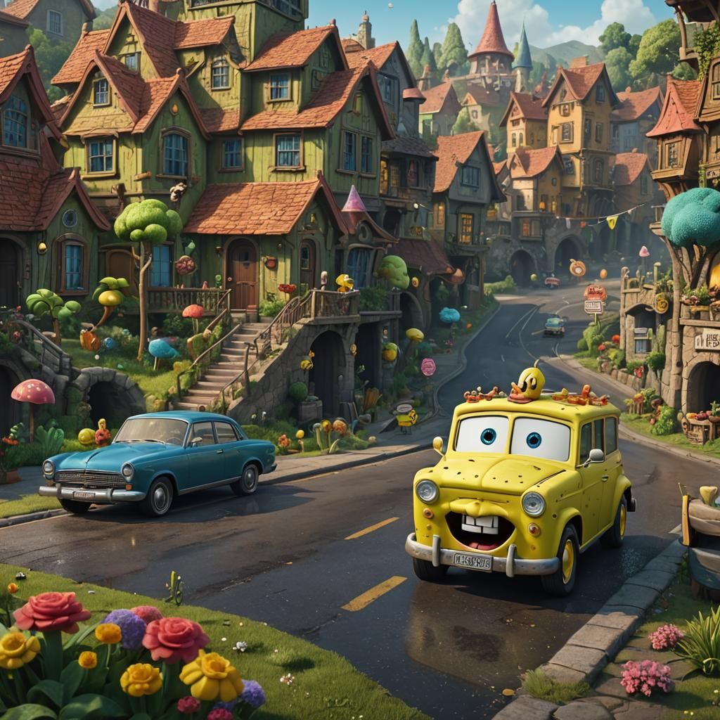Spongebob Runs a Car: Detailed Matte Painting
