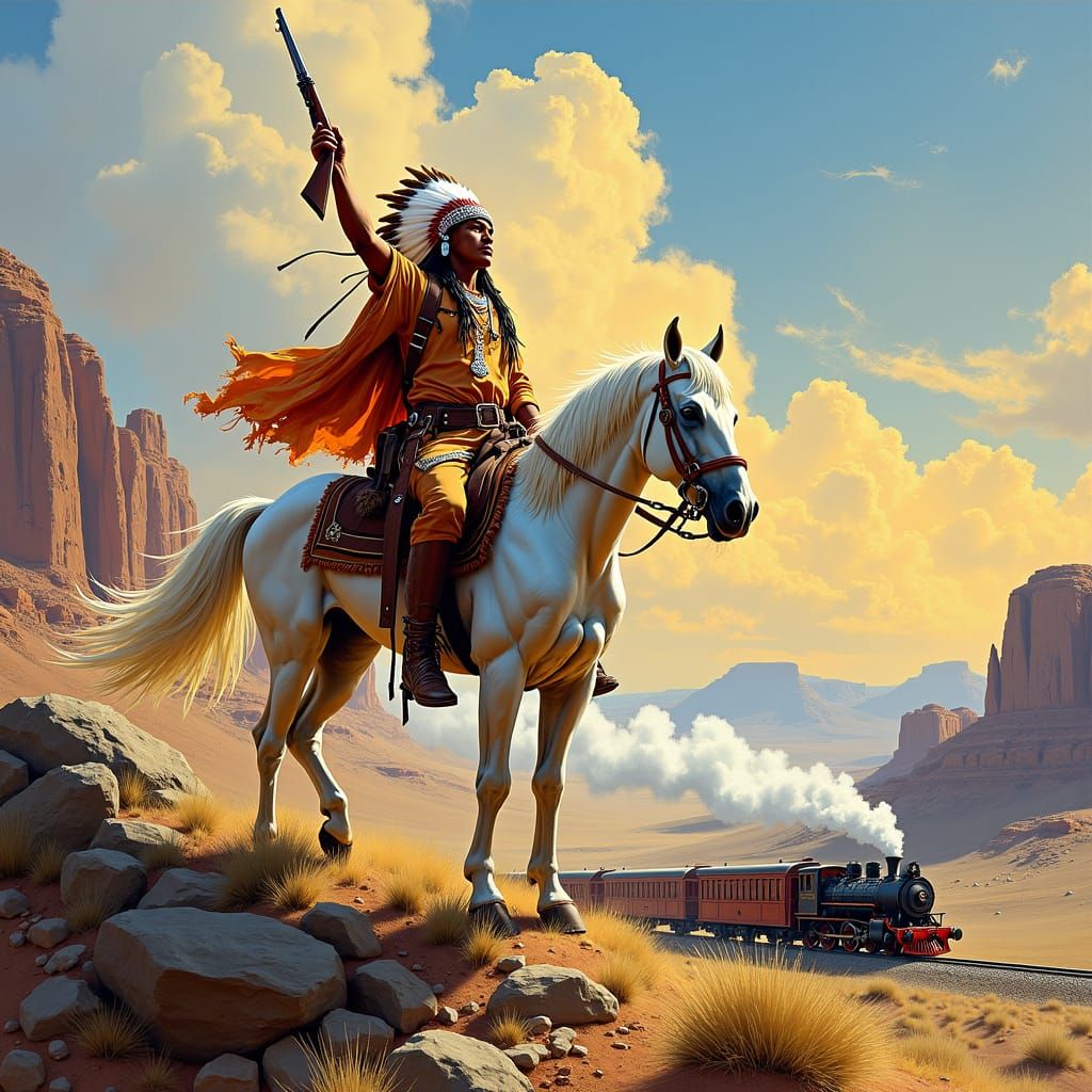 In the Wild West, an Indian chief sits on a white horse and holds a rifle in the air. The Indian chief is on a small sto...