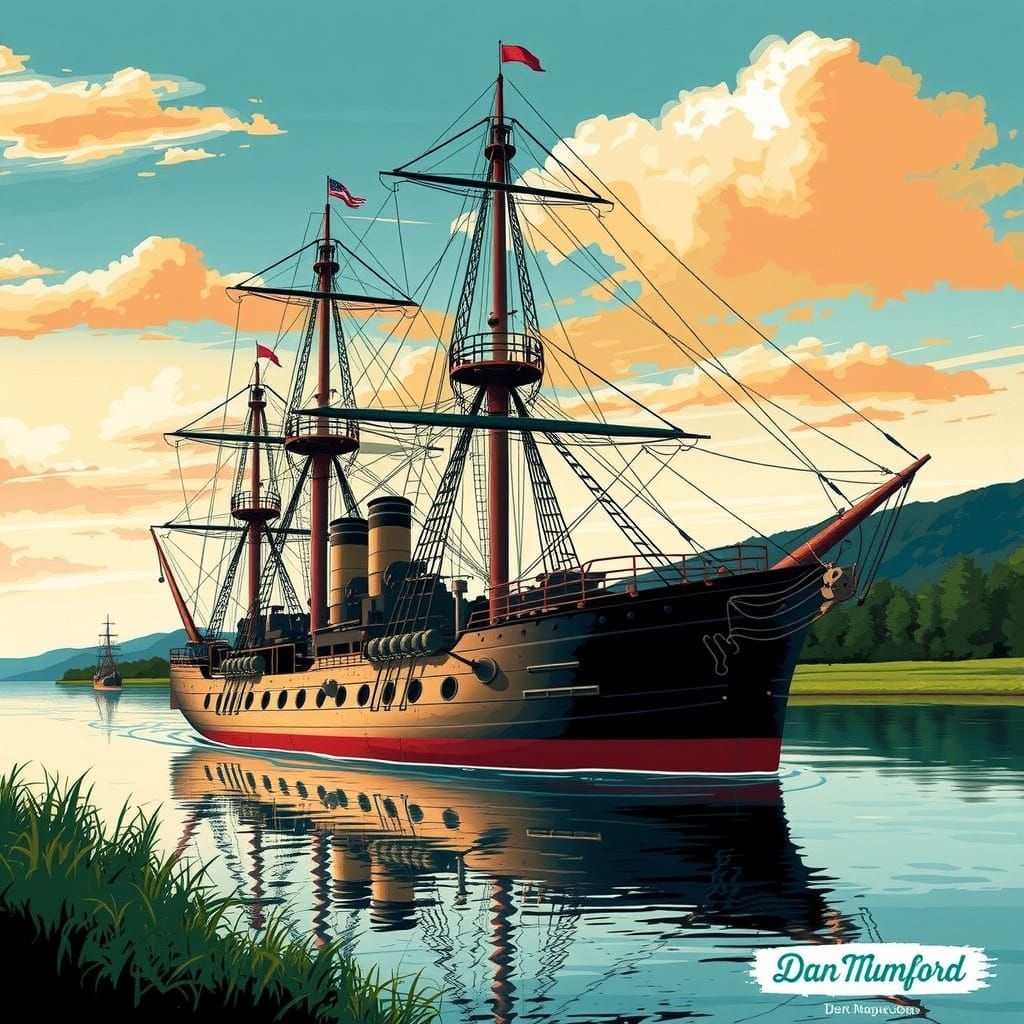Vintage Battleship Sails a Tranquil River Sunset in Classic ...