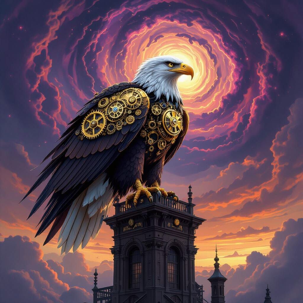 Steampunk Eagle with Clockwork Feathers on Victorian Observa...