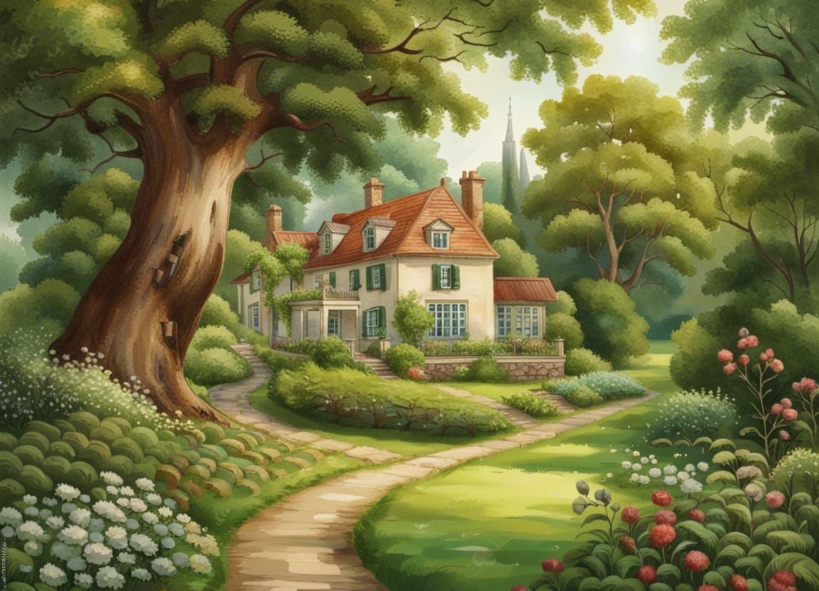 Idyllic Garden Scene with River and House