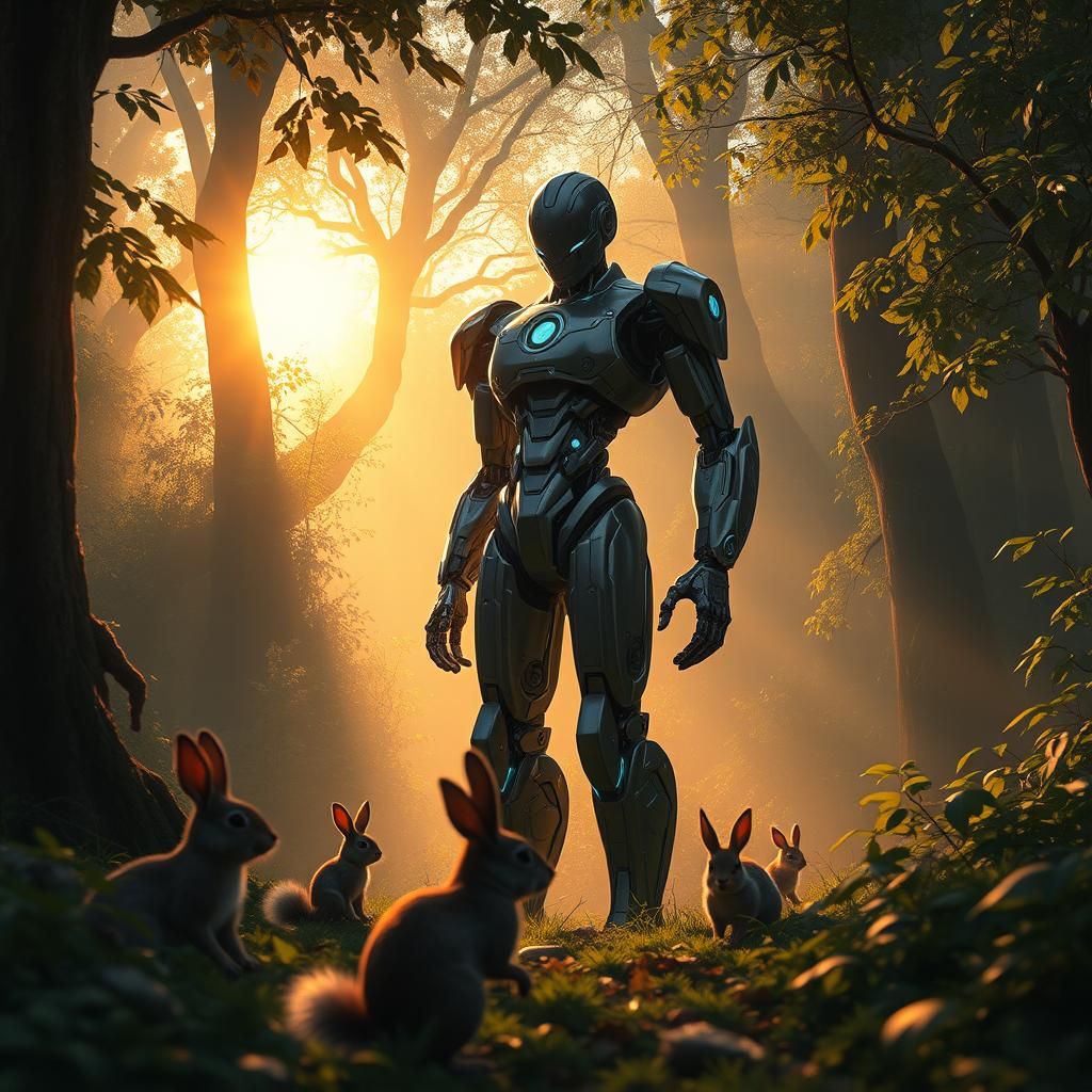 Robot in Forest Surrounded by Animals: 3D Anime Style