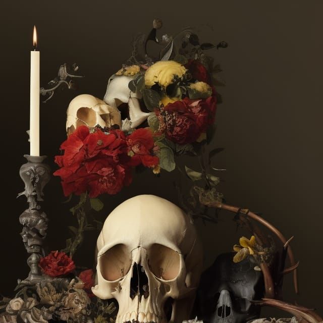 Still Life with Skulls and Candles in Academic Art Style