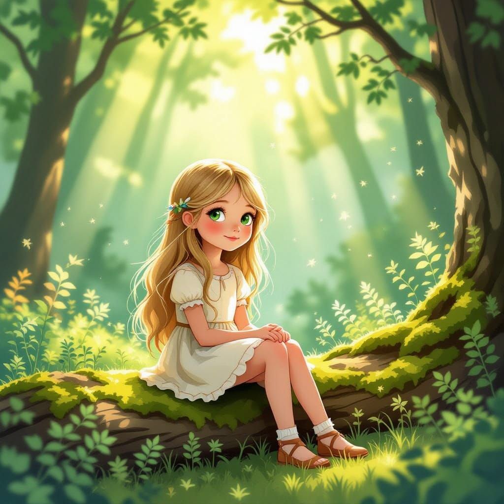 Young Girl in Sunlit Forest, Storybook Illustration Style