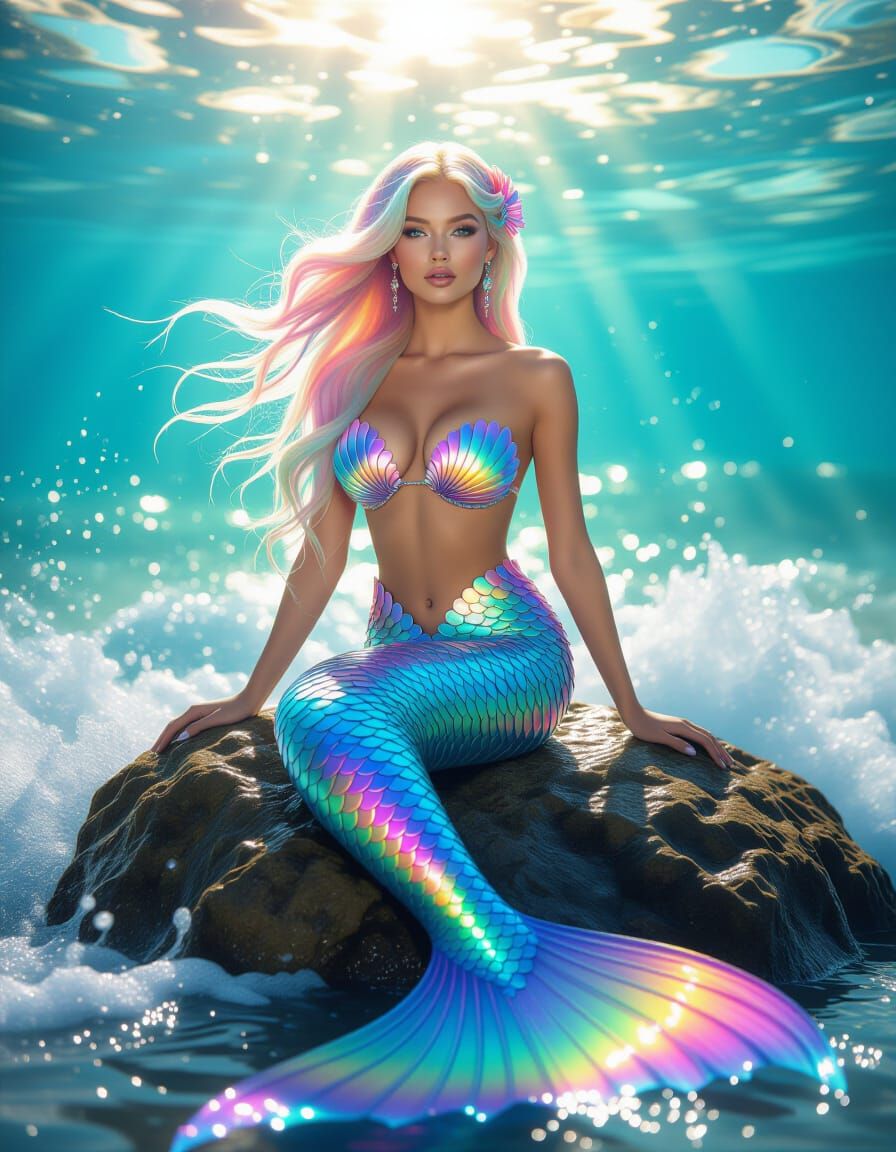 Elegant Mermaid with Iridescent Hair in Rainbow Ocean