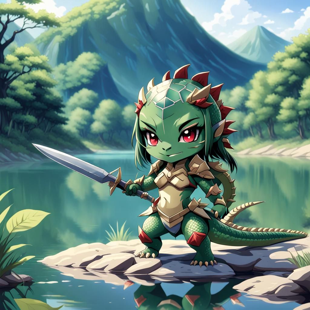 Chibi Lizardwoman Warrior in Anime Style