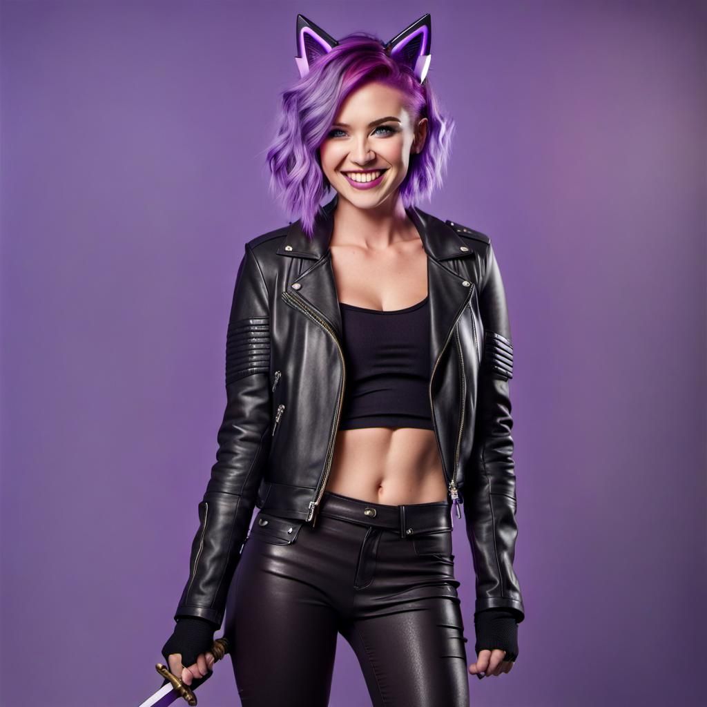 Cat-Eared Woman with Sword in Cyberpunk Style