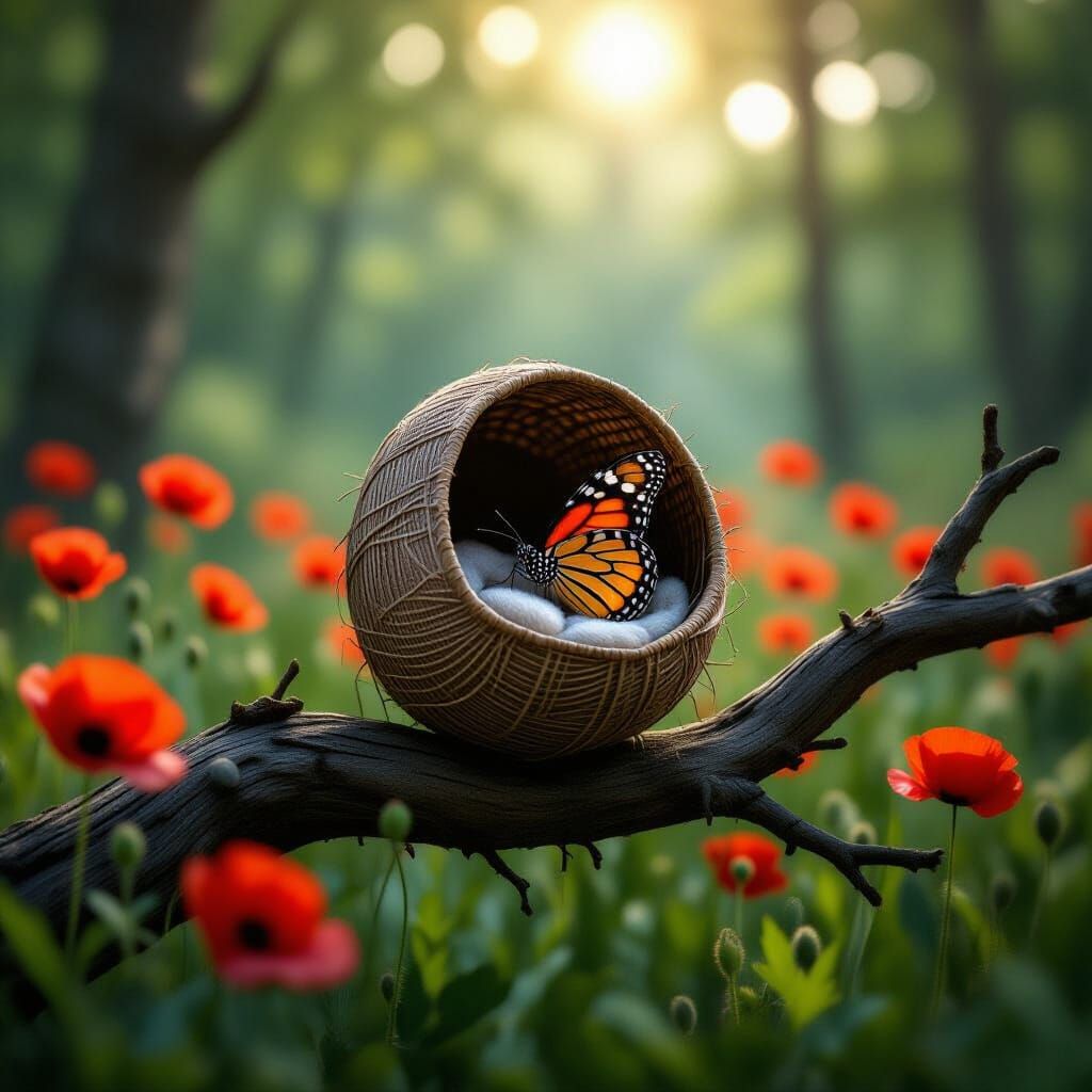 Cocoon and Butterfly in Poppy Field