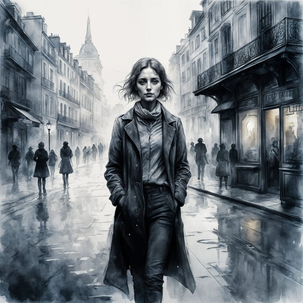 Elegant Parisian Woman in Monochromatic Watercolor