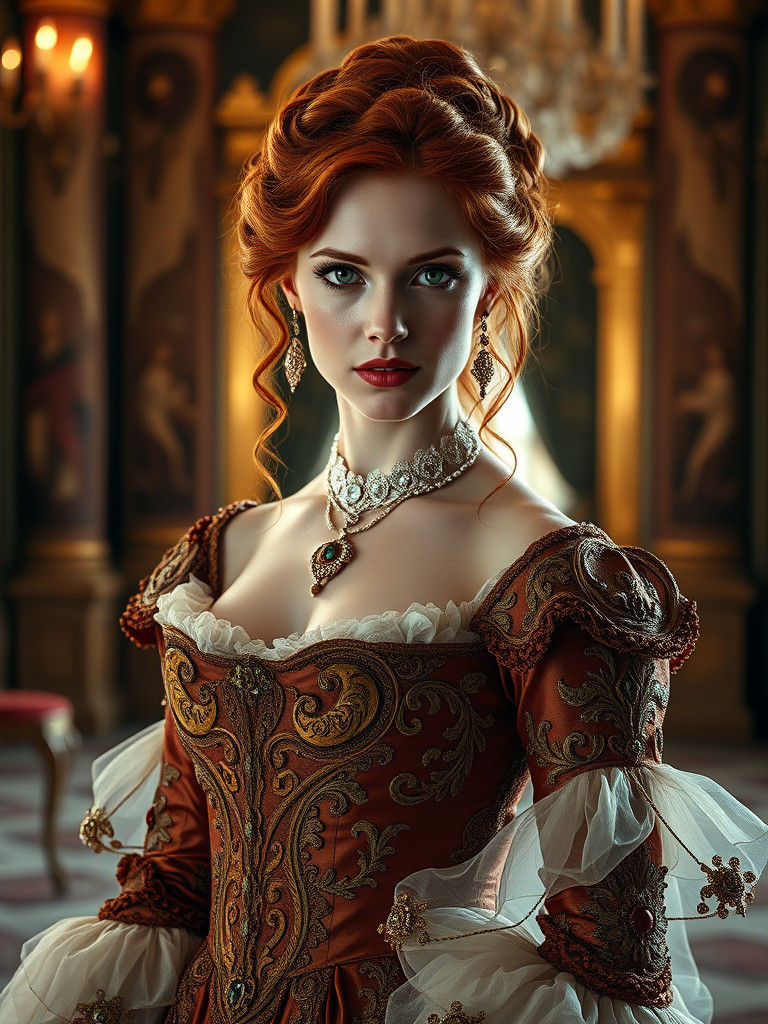 Redhead in Baroque Court Dress with Cinematic Lighting