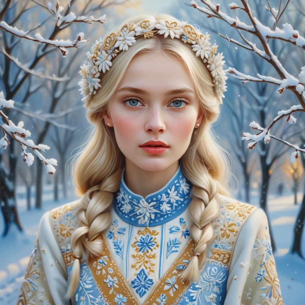 Winter Portrait of Russian Model in Slavic Dress