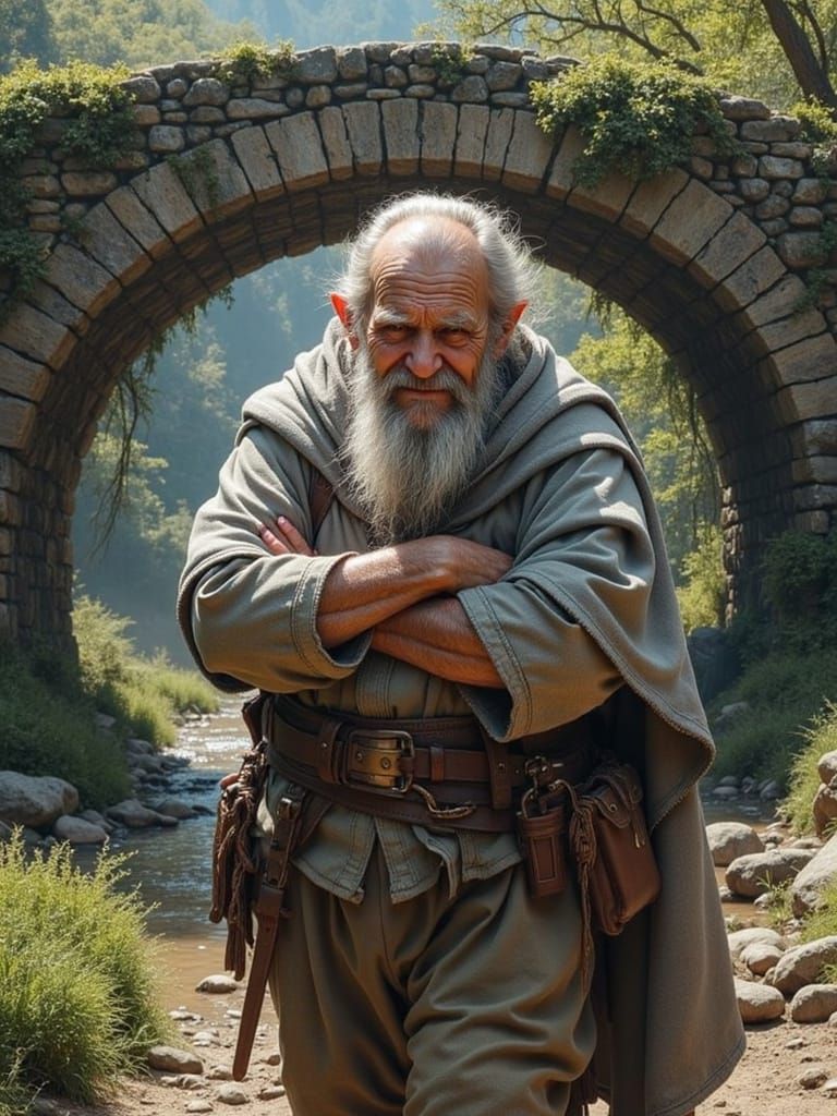 Wizened Old Mage Contemplates Beneath Ancient Stone Bridge