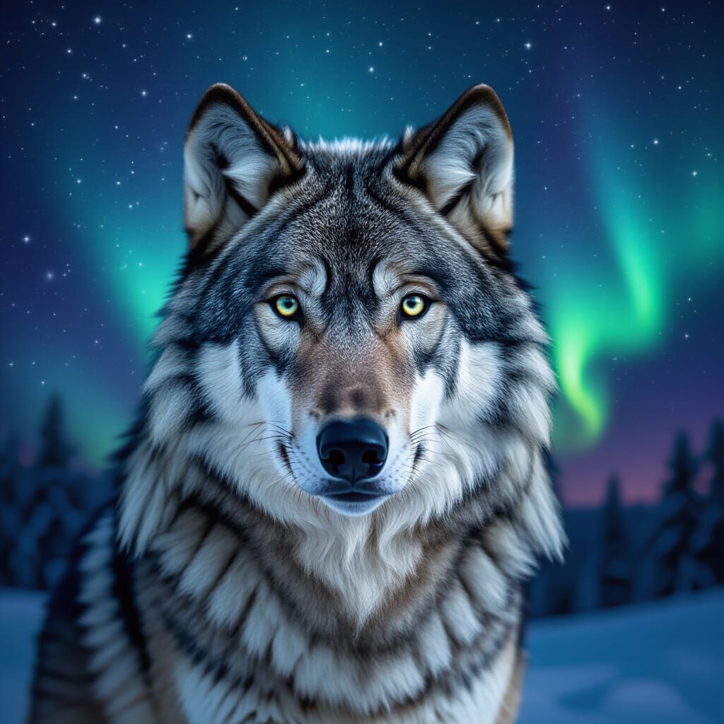 Wolf Portrait with Northern Lights in Hyperrealism