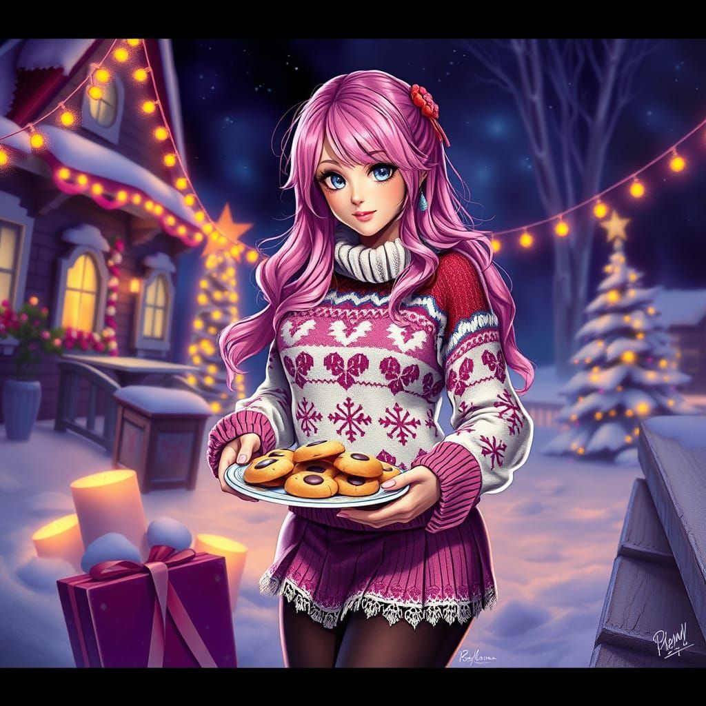 Pink Haired Woman Offers Cookies in Alcohol Ink Style