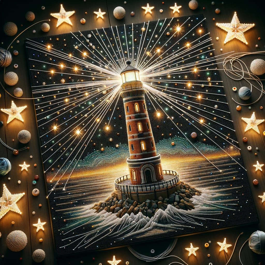 Lighthouse Under Starry Sky: String Art and Beads
