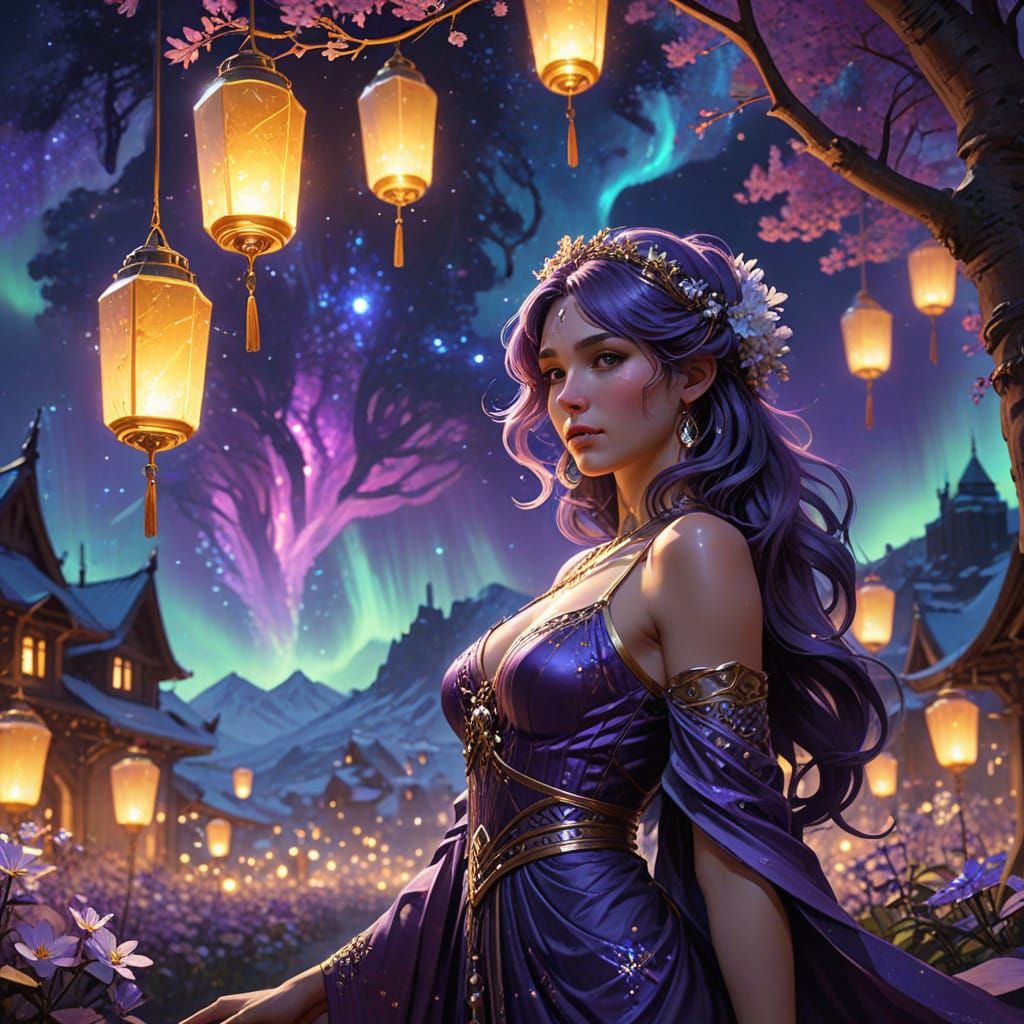 Village Lanterns Under Aurora Borealis