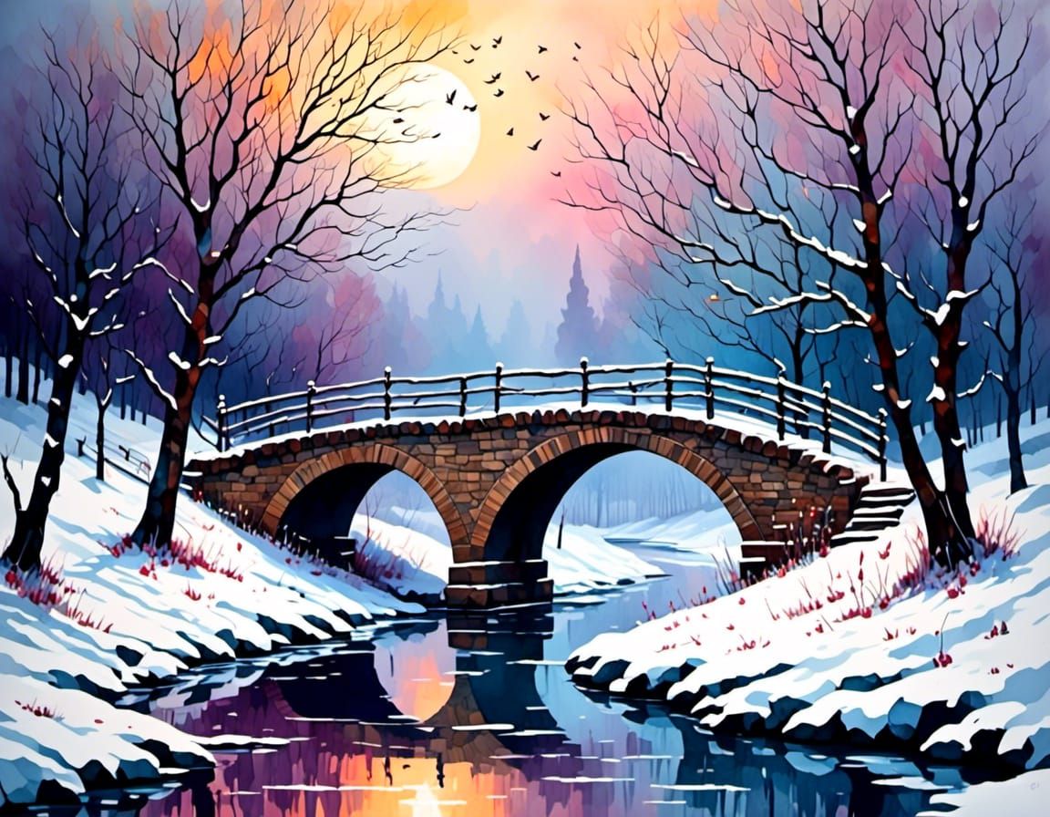 Snowy Park Bridge at Midnight in Expressionist Style