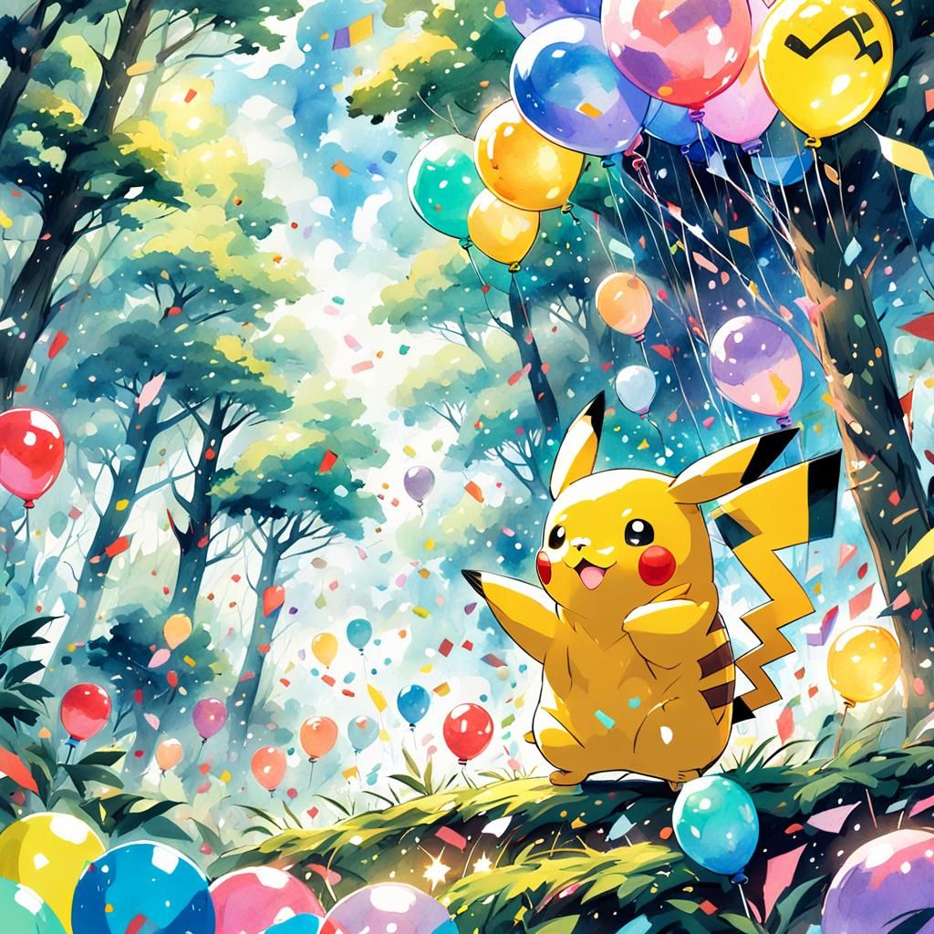 Pikachu's Forest Party: Anime Watercolor Concept Art