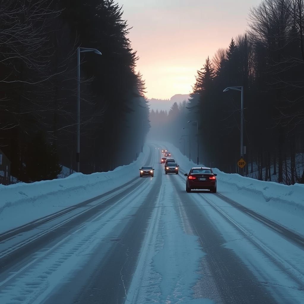 Frozen Morning Commute in a Desolate Landscape