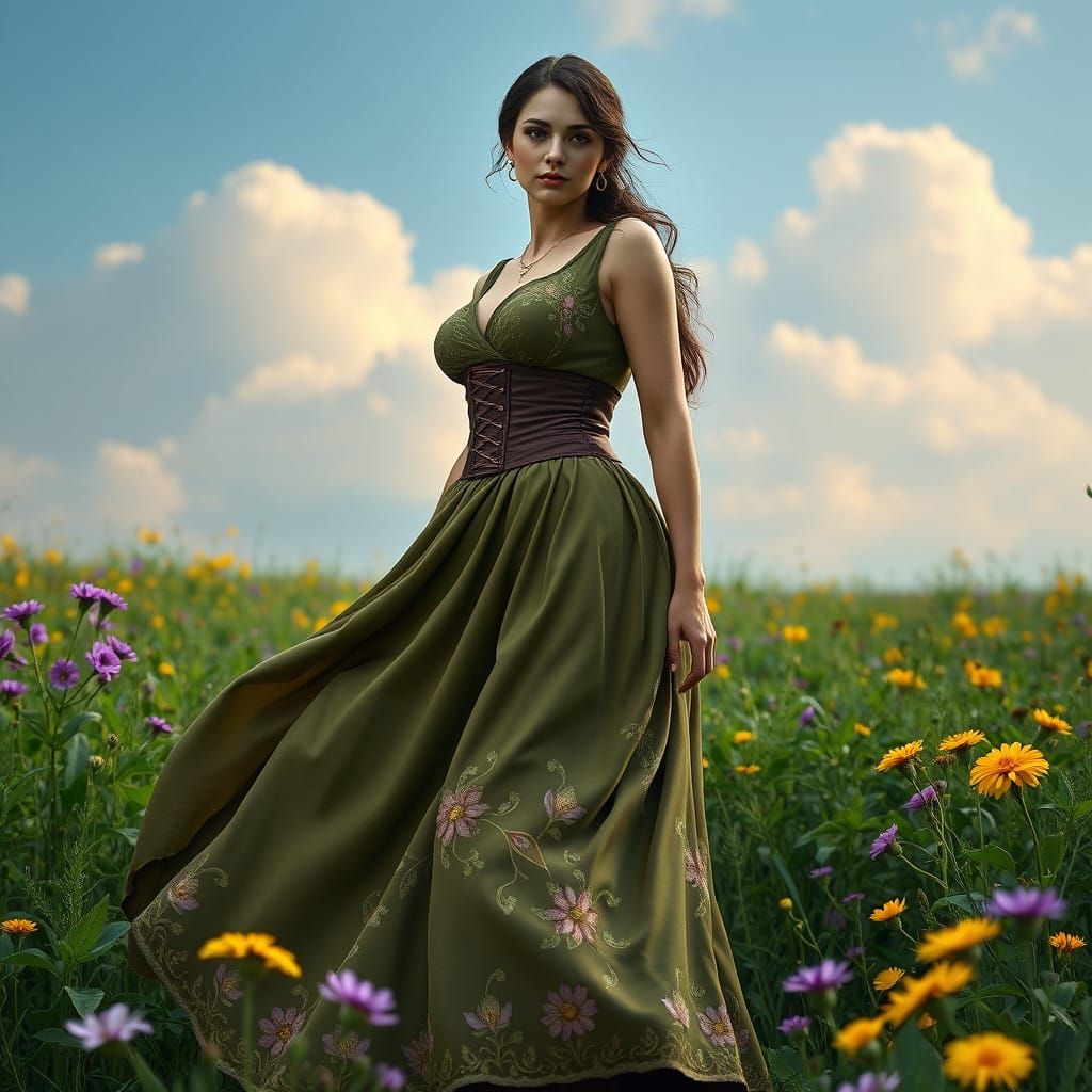 Ethereal Dark Fantasy Maiden in Whimsical Floral Landscape