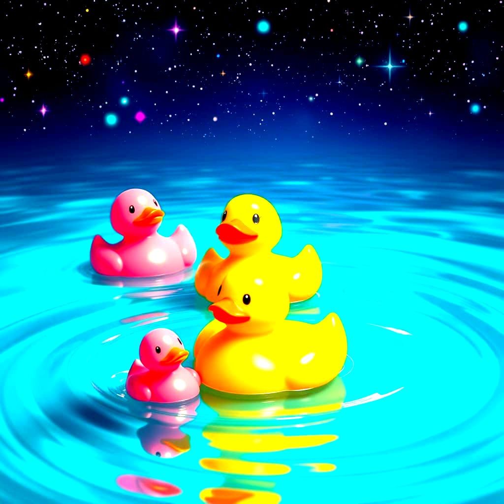 Vibrant Plastic Duck Family Under Turquoise Night Sky