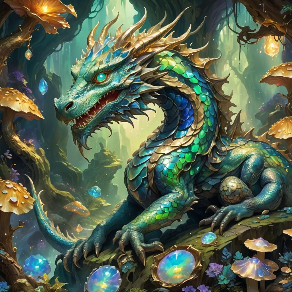 Opal Dragon Guarding Treasure in Crystalline Caverns