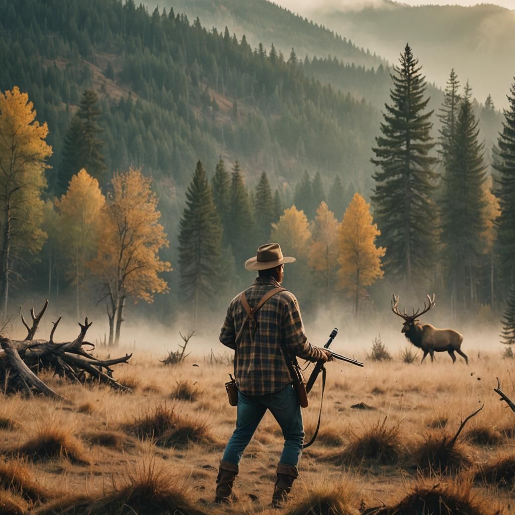 Hunter Aims Rifle at Elk in Misty Golden Field